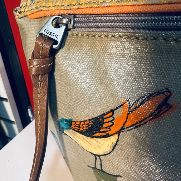 FOSSIL Key-Per Gray Coated Canvas Leather Tote Shoulder Bag Purse City Birds - Picture 4 of 9